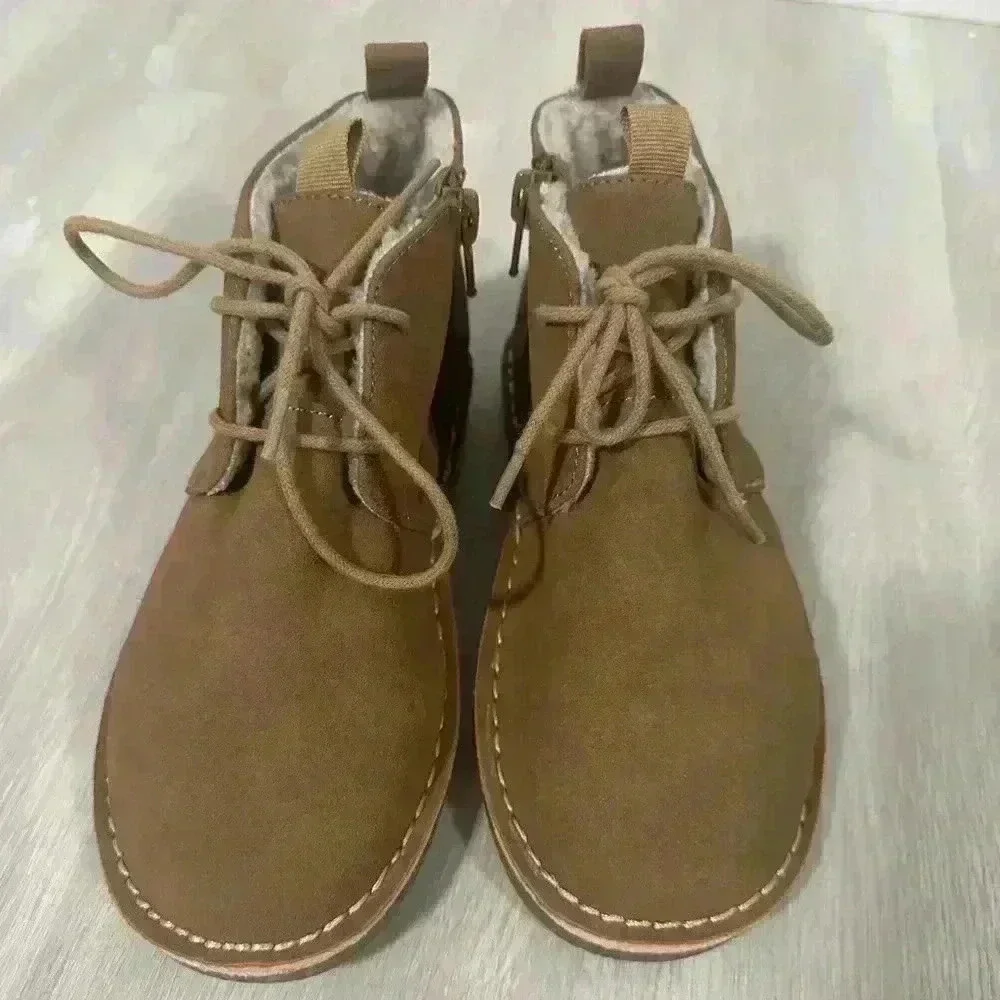 Kids Brown Suede Faux Fur Lined Winter Boots Side Zip Lace Up Size 13 M